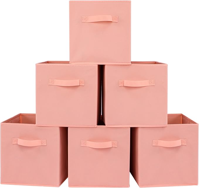Stero Fabric Storage Bins 6 Pack Fun Colored Durable Storage Cubes with Handles Foldable Cube Baskets for Home, Kids Room, Closet and Toys Organization Peachpuff