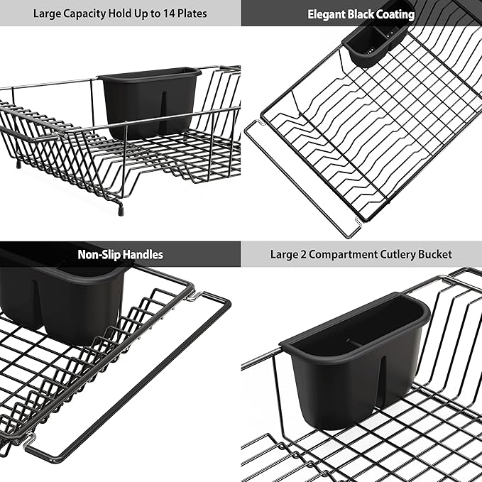 SIMPLE HOUSEWARE Large Over Sink Counter Top Stainless Steel Dish Drainer Drying Rack with Utensil Holder, Black