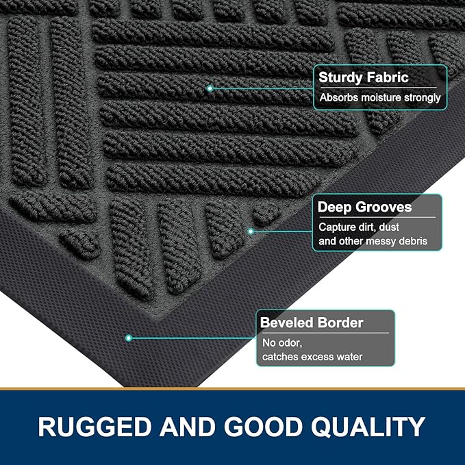 Smiry Front Door Mat Outside Entrance, Heavy Duty Outdoor Indoor Natural Rubber Doormat, Non Slip, Trap Dirt and Moisture, Easy Clean, Low Profile Patio Porch Entryway Mat, 59x35, Black