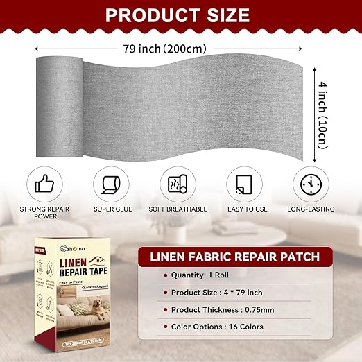 Linen Repair Tape 4x79 inch, Self Adhesive Fabric Patches, Linen Patch Tape Kit, Fabric Repair Tape for Couch Sofas, Headboards, Chairs, Pillows, Curtains, Couches - Medium Grey