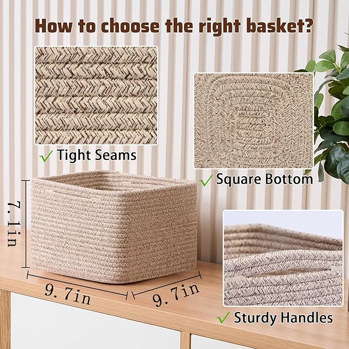 Small Organizing Baskets for Cubes Shelf, 9.7x9.7x7.1 Inch Rope Woven Storage Bins for Nursery Shelves Storage, Cute Toy Basket, Square 3 Packs Mixed Brown