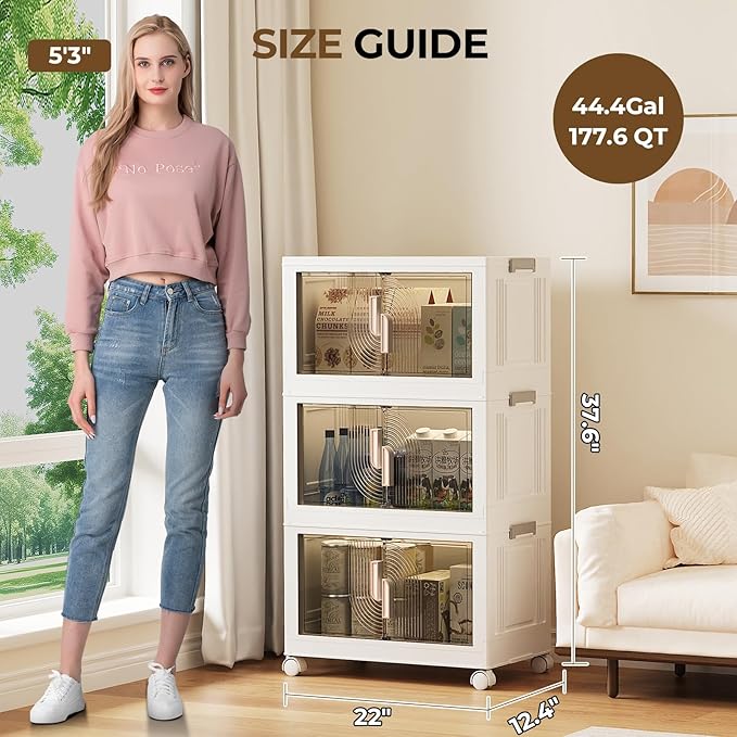 Elegant 3 Tiers Stackable Storage Bins for Home Organization, Moveable Plastic Storage Bins with Lids, Easy Assembled Storage Box for Closet Organizers and Storages Dorm 22" W x 12.4" D x 37.6" H