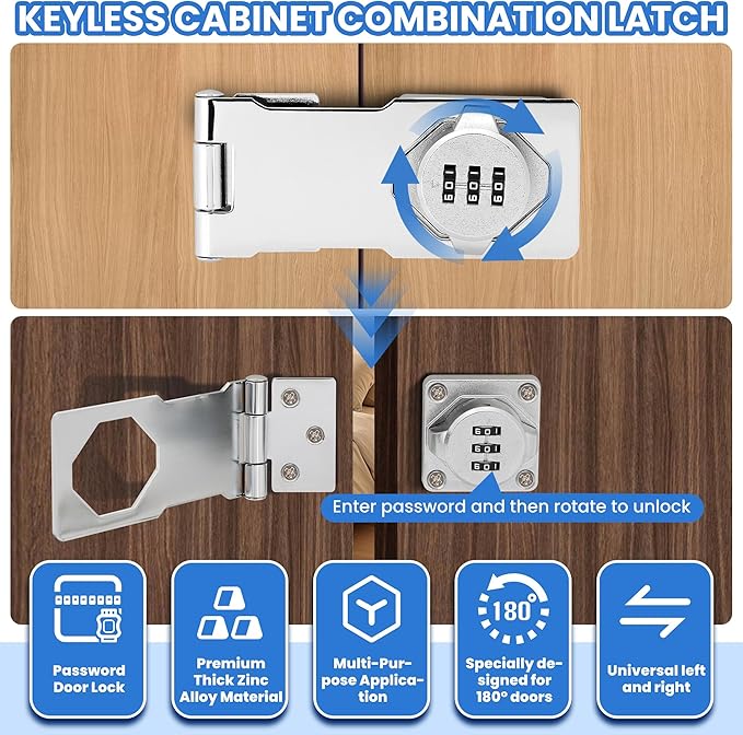 Keyless Cabinet Lock with Combination Code - 3-Digit Password Hasp Latch Lock for Drawers, Bifold Closet Door and Double Sided Door (Silver, 4.5 Inch)