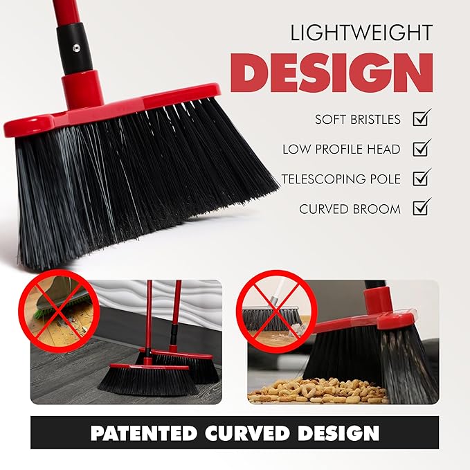 Da Vinci Curved Angle Broom (2) - Sturdy Wide Broom for Indoor/Outdoor Sweeping, Heavy Duty Steel Telescopic Handle, Durable PVC Bristles, Ideal for Pet Hair, Dust, Kitchen & Rough Surfaces