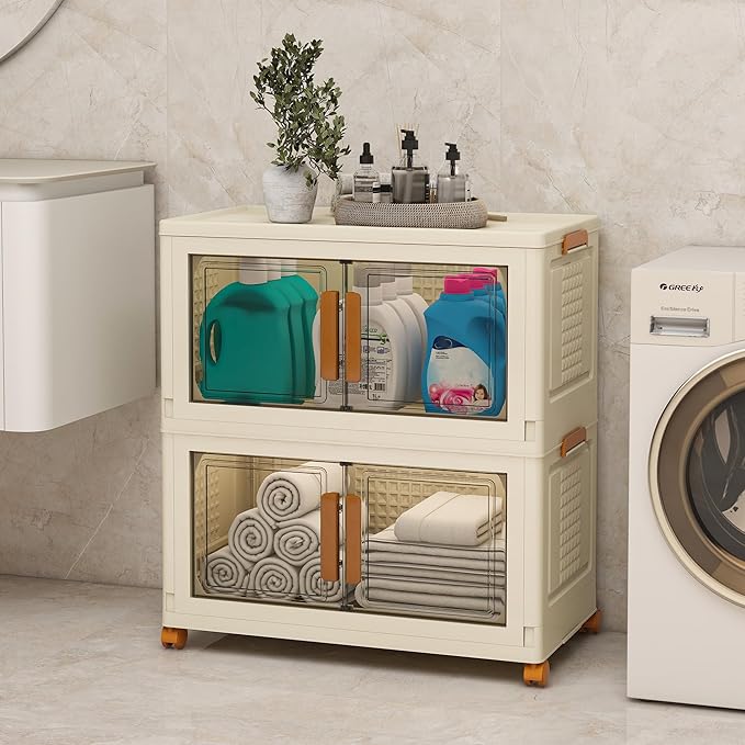 Plastic Stackable Storage Bins with Lids and Wheels, Foldable Closet Organizers and Storage Containers for Bathroom, Collapsible Clear Drawer Storage Cabinet with Doors White 22.4Gal 2Tiers
