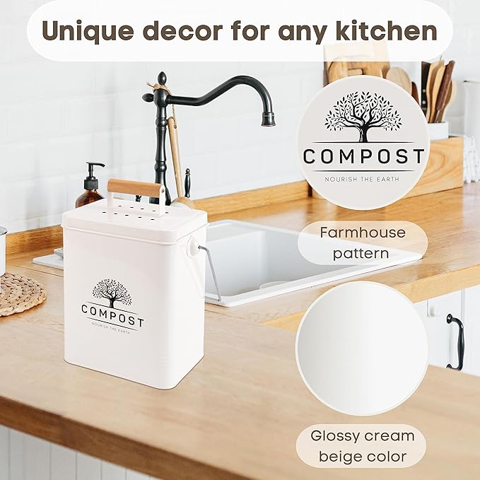 PERFNIQUE Kitchen Compost Bin, 1.7 Gallon Countertop Compost Bin with Lid, Indoor Compost Bin Includes 2 Carbon Filters, Small Compost Bucket, Food Waste Bin for Kitchen with Trash Bags (Cream White)