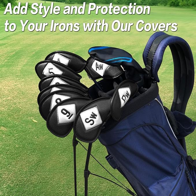 FINGER TEN Premium Synthetic Leather Stylish Iron & Wedge Golf Head Covers Value 12 Piece Set, Embroidered Labels & Fits Most Clubs Gift Set, Travel Protection Accessories