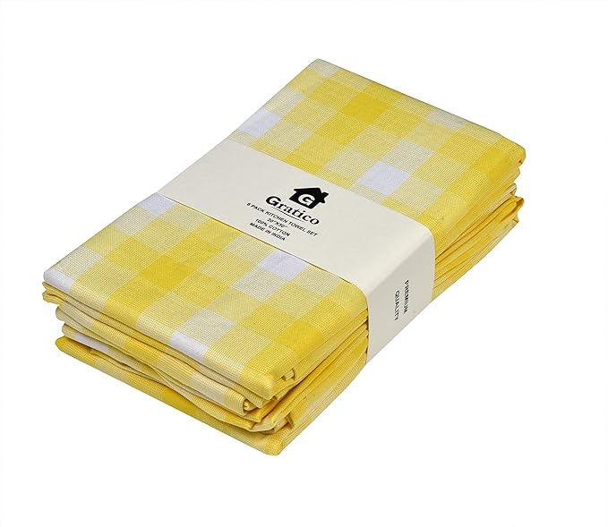 Kitchen Towels Set of 6 Soft Premium Cotton Highly Absorbent Dish Towels 20X30 Inches, Washable & Reusable Tea Towel, Quick Drying Dish Cloths for Cleaning Dishes - Yellow/White, Checks