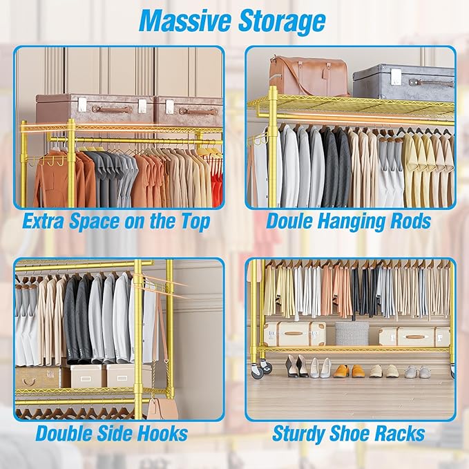 Homdox Gold Heavy Duty Clothes Rack with Wheels, 3-Tier Rolling Metal Garment Organizer with Double Hanging Rods & Hooks, Freestanding Portable Closet, 17.72" D x 47.24" W x 80.71" H