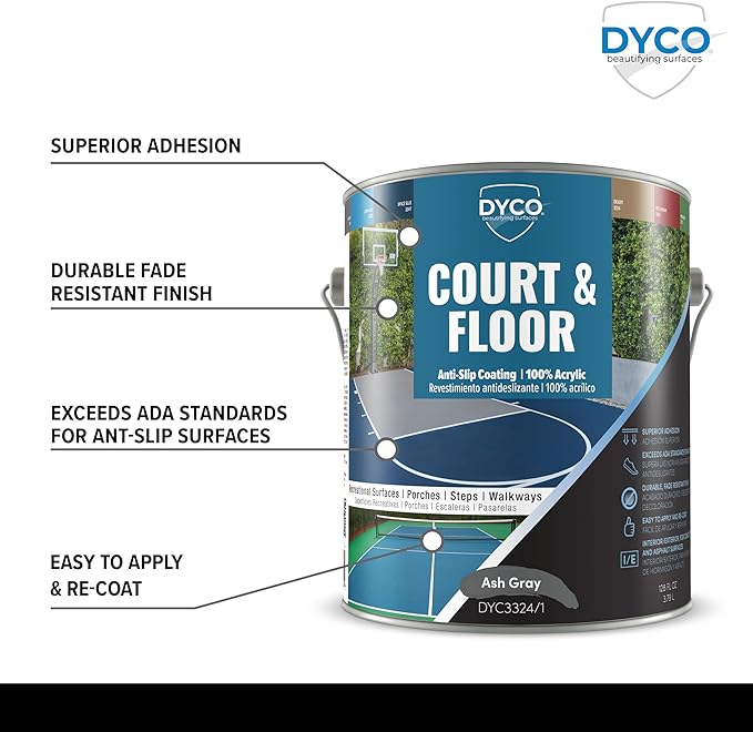 DYCO Court & Floor Anti-Slip Coating - Slip-Resistant Pavement, Cement & Concrete Paint for Pickleball, Tennis & Basketball Courts, Exceeds ADA Standards for Safety Areas (Ash Gray, 1 Gallon)