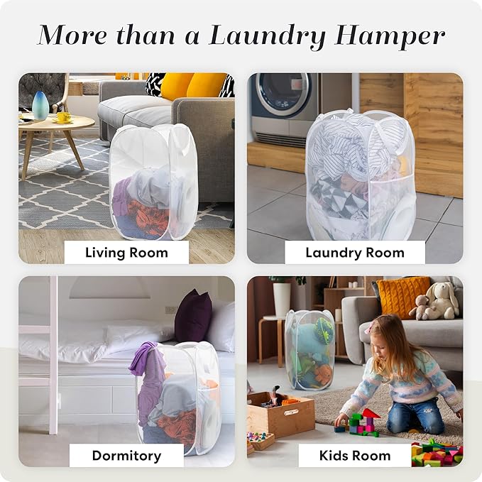 Handy Laundry Collapsible Mesh Pop Up Hamper with Wide Opening and Side Pocket - Breathable, Sturdy, Foldable, and Space-Saving Design for Clothes and Storage (White)