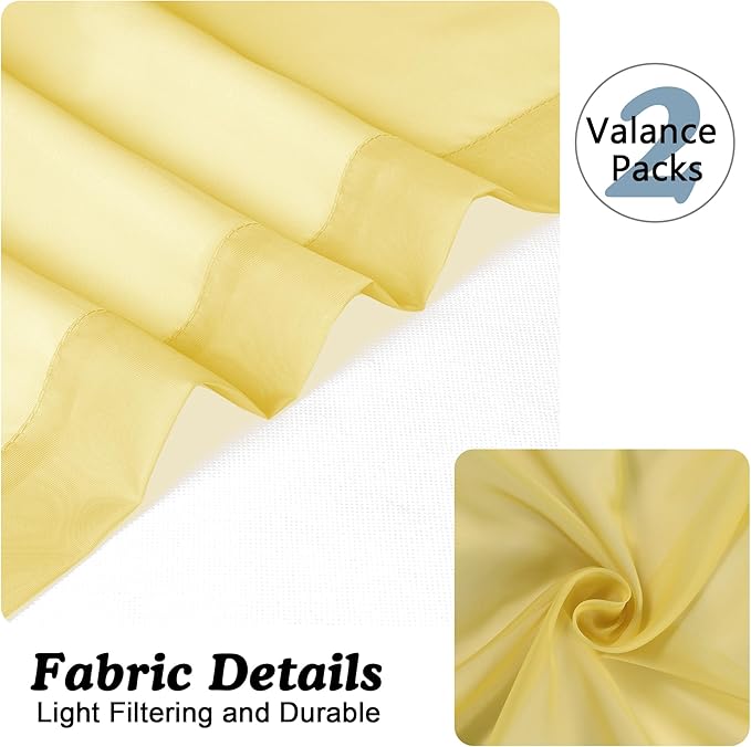 Chyhomenyc Sheer Valances for Windows 2 Pack, Small Valance for Living Room Bathroom Cafe Laundry Basement, Lightweight Rod Pocket Voile Curtain, Mustard Yellow, 42Wx14L Inches