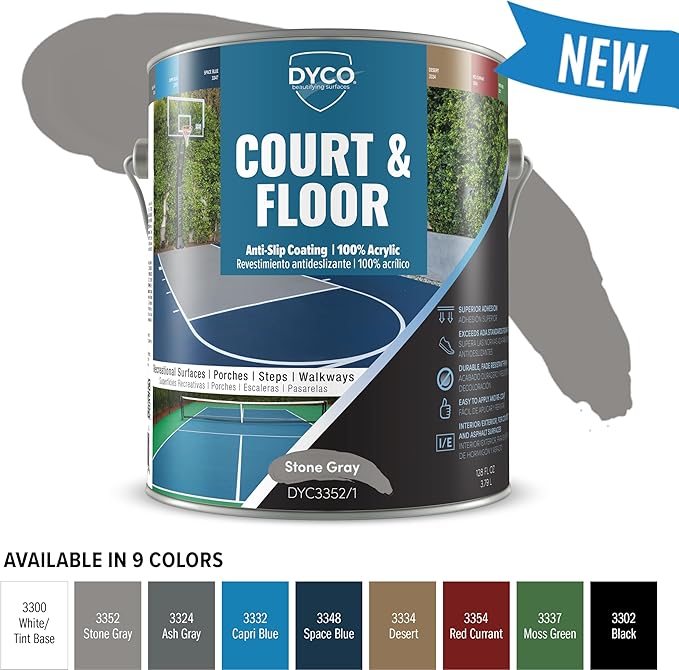 DYCO Court & Floor Anti-Slip Coating - Slip-Resistant Pavement, Cement & Concrete Paint for Pickleball, Tennis & Basketball Courts, Exceeds ADA Standards for Safety Areas (Stone Gray, 1 Gallon)
