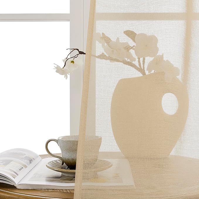 Tollpiz Small Sheer Curtain Linen Textured Curtain Sheers Doorway Light Filtering Voile French Door Rod Pocket Curtains Patio Glass Door, 25 x 40 inches Long, Beige, Set of 1 Panel