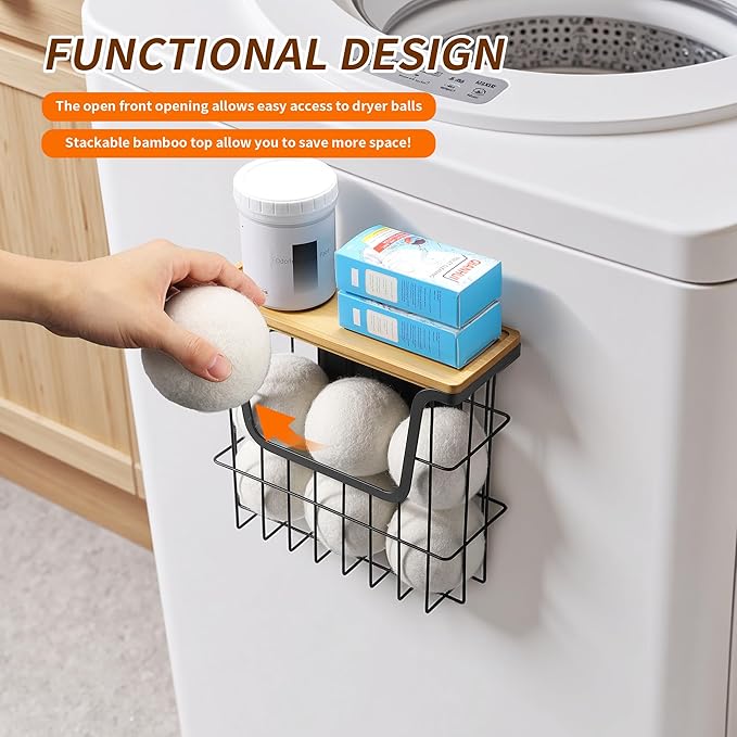 Magnetic Dryer Ball Holder - Black Basket for Laundry Room Organization and Storage with Bamboo Top - Magnetic Lint Bin Suitable for Washer and Dryer / Fridge / Whiteboard (No Balls)