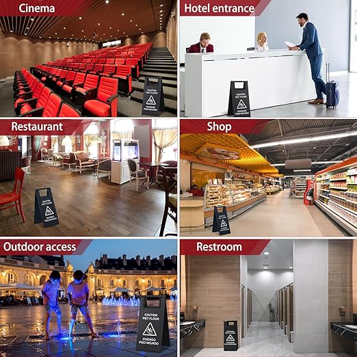 Kigley 2 Pcs Wet Floor Sign, 17 Inch Stainless Steel Caution Wet Floor Sign Double Sided Portable Foldable Bilingual Safety Warning for Hotel Market Restroom Restaurant Office (Black)