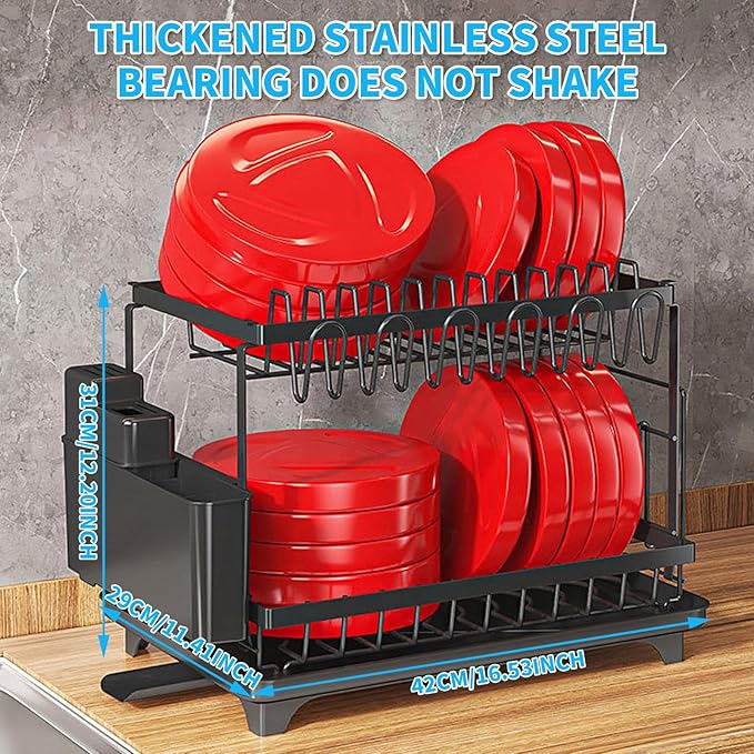 Dishes Drying Rack, 2-Tier Tableware Drying Rack with Draining Board, Space-Saving Design, Suitable for Kitchen Countertop Tableware and Cup Rack