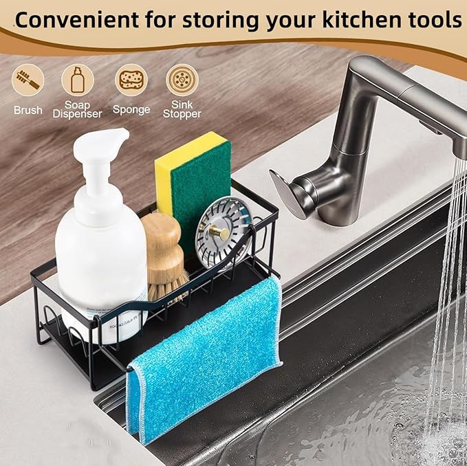 Sponge Holder for Kitchen Sink - Sink Caddy Organizer with Auto Drain Tray, Detachable Towel Rack, Stainless Steel Kitchen Counter Organizer Rack, Black