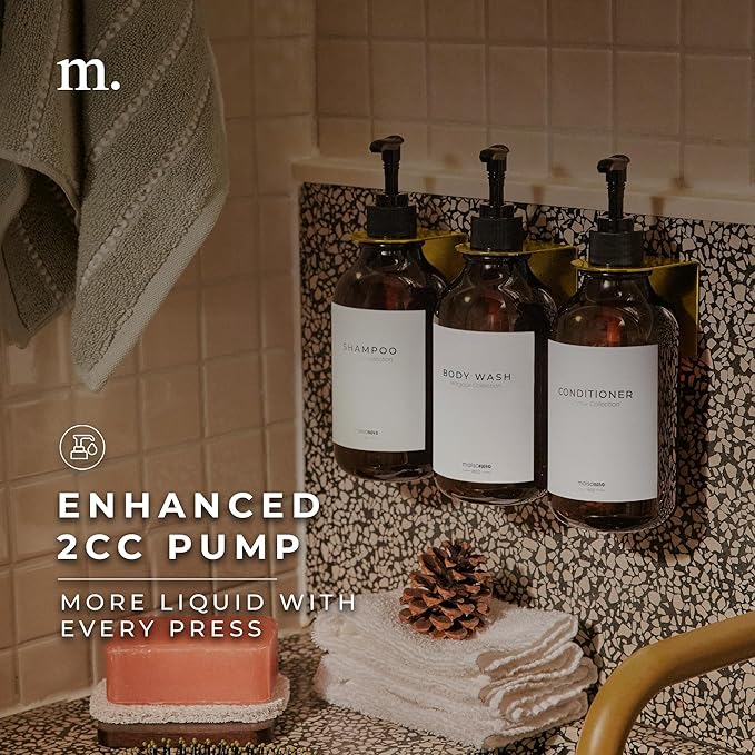 MaisoNovo Shampoo and Conditioner Dispenser - Shower Soap Dispenser Wall Mounted - 16.9 fl oz Set of 3 Amber Plastic Bottles Black Pump - 3 Chamber No Drill
