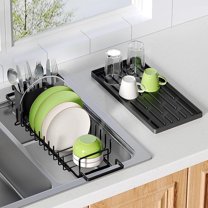 Dish Drying Rack Over the Sink Expandable In Small Black Drainer Dry for Kitchen Counter, Metal Stainless Steel Compact Dishes Drain with Tray, Space Saving Extendable Modern Plate Strainer Holder