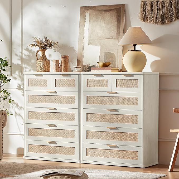LEYAOYAO White Dresser for Bedroom, 42" Tall Chest of Drawers, Modern 6 Drawers Boho Rattan Dressers with Storage, Dresser Wooden Closet Organizer for Living Room, Hallway