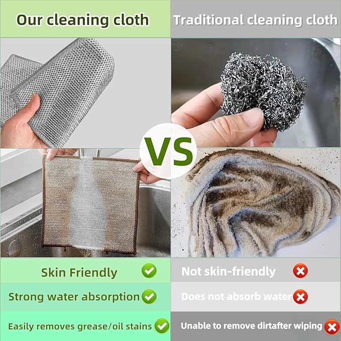 Stainless Steel Scrubber and Cleaning Rags - Non Scratch Wire Dishcloth for Washing Dishes, Durable Steel Wool Scrubber and Kitchen Dish Towels (New 6pcs)