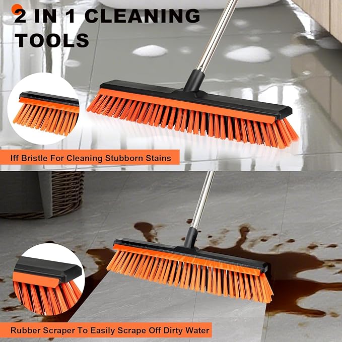 18" Push Broom Outdoor with Rubber Squeegee,Heavy Duty Broom Brush with Handle,Stiff Bristles for Patios and Deck Dirt Garage Warehouse Driveway Concrete Floor Cleaning Scrubbing