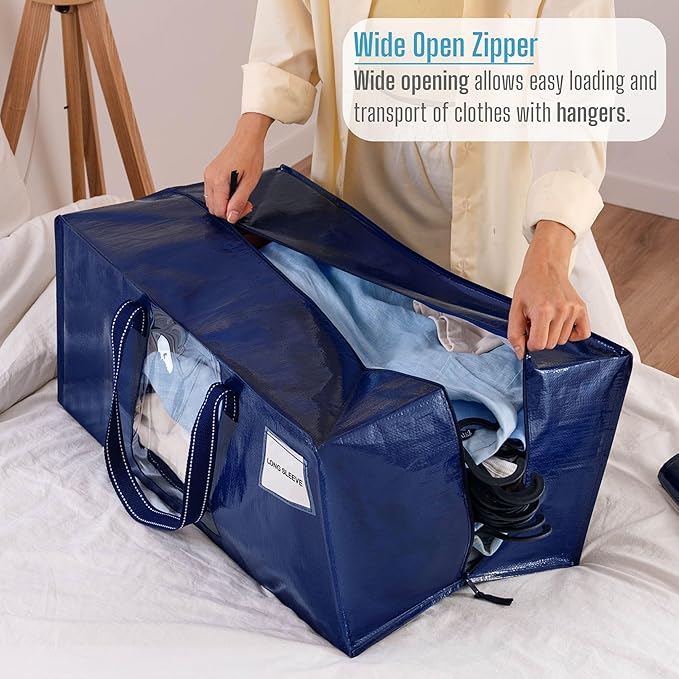 VENO 10 Pack Moving Bags Extra Large Storage Bags for College Move-In, Heavy-Duty Storage Totes, Packing Boxes, and Wardrobe Moving Supplies - Durable Laundry Bags for Clothes (Blue w/Window, 10 Pack)