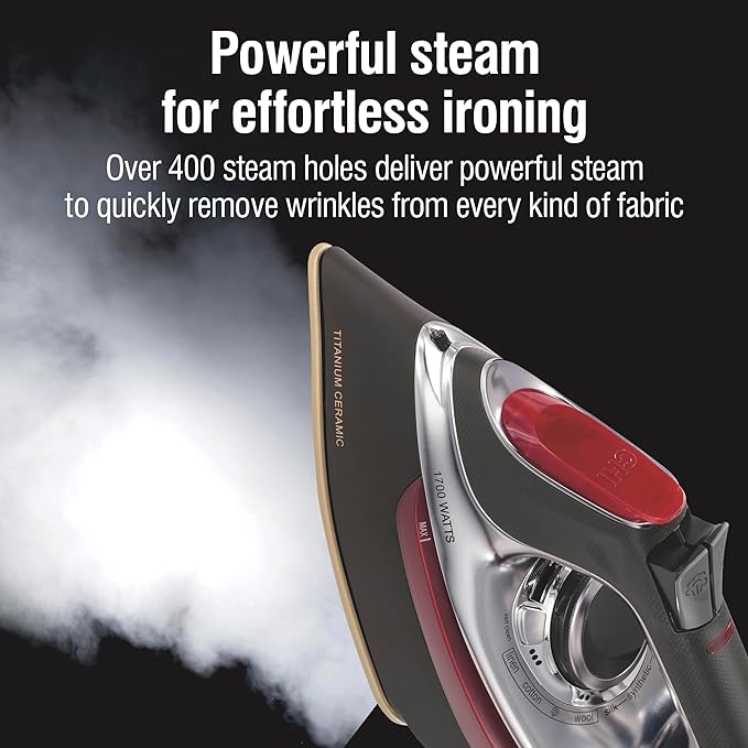 CHI Steam Iron for Clothes with 8’ Retractable Cord, 1700 Watts, 3-Way Auto Shutoff, 400+ Holes, Professional Grade, Temperature Control Dial, Titanium Infused Ceramic Soleplate, Silver (13106)