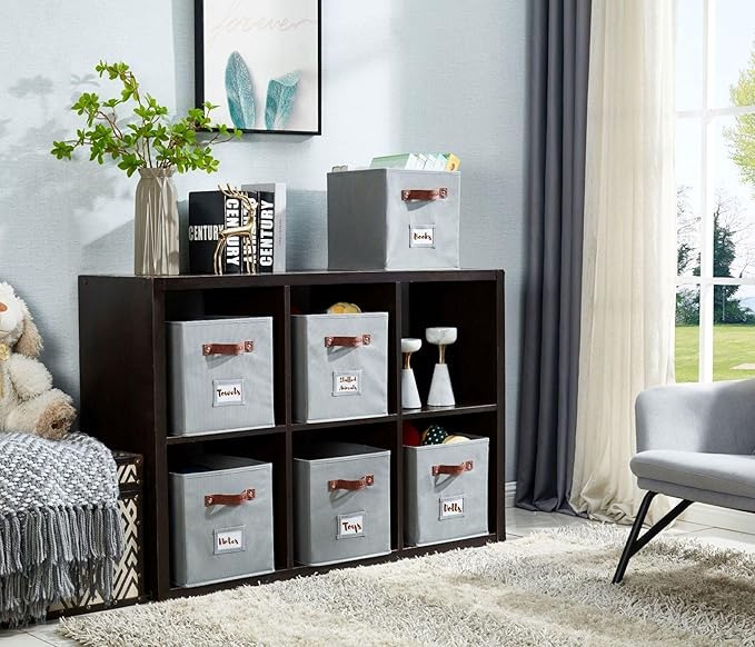 DECOMOMO Storage Bins, Cube Storage Bin with Labels, Fabric Storage Cubes for Shelves (10.5" x 11" / 6pcs, Grey)