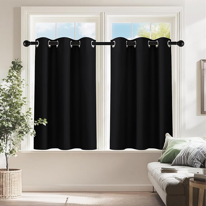 PONY DANCE Black Short Blackout Curtains for Kitchen, Small Windows Shades Thermal Insulated Privacy Drapes for Classroom Bathroom Laundry RV, Wide 34 x Long 36 inch, 2 Panels