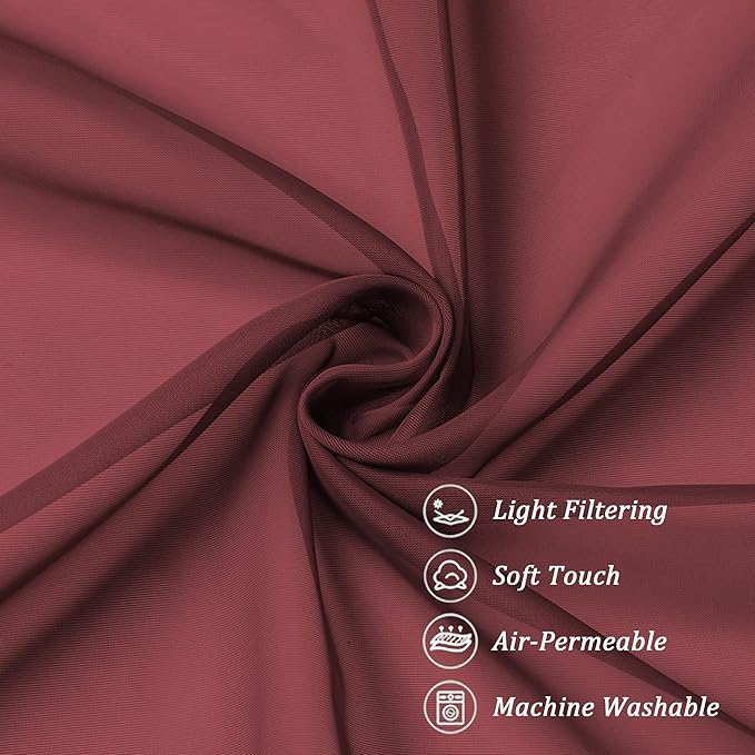 Chyhomenyc Short Sheer Curtains 45 Inches Length 2 Pieces, Light Filtering Soft Voile Curtains Drapes for Half Window/Bedroom/Bathroom/Living Room, Burgundy