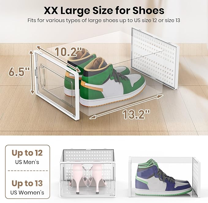 12 Pack XX-Large Modular Clear Plastic Stackable Shoe Storage Organizer for Closet, Space Saving Versatile Sneaker Shoe Rack Containers Bins Holders, Portable Closet Organizers and Storage, White
