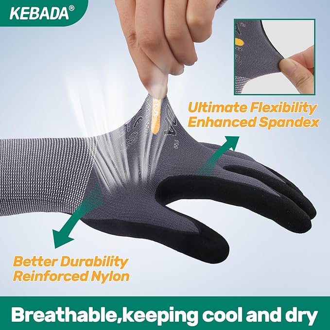 Kebada W2 Work Gloves for Men and Women, Nitrile Coated Working Gloves for Gardening, Construction, Warehouse, Safety Gloves for Work in Yard and Outdoors, 6 Pairs, Medium