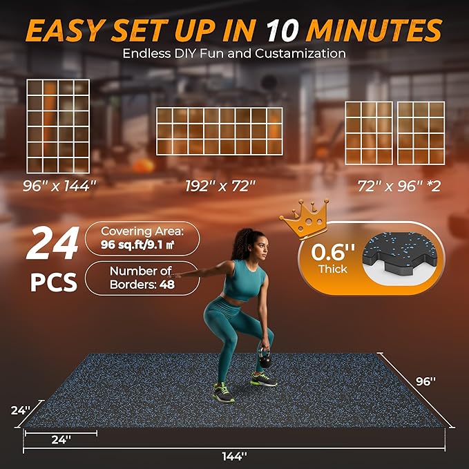 PRAISUN 0.6" Thicker Gym Mat, 24 Tiles 96 Sq Ft Workout Mats, Interlocking Foam Tiles with Rubber Top, High Density EVA Foam, Exercise Mat, Gym Flooring for Home Gym, Garage, 24 x 24in, Black/Blue