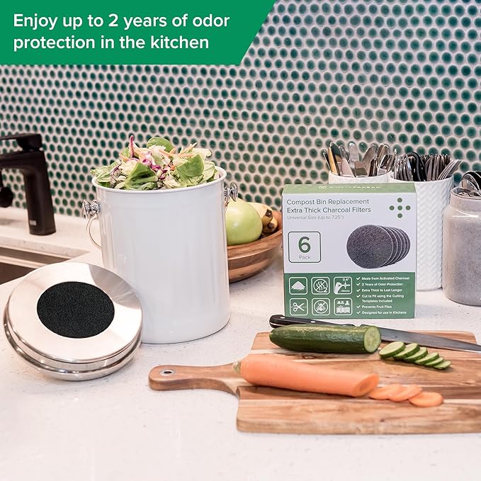 2 Years Supply Extra Thick Filters for Kitchen Compost Bins - Longer Lasting Activated Charcoal - Universal Size Fits ALL Compost Bins up to 7.25" Filter Size - Replacement Set of 6 (by Simply Carbon)