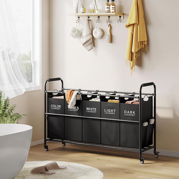Tajsoon 5 Bag Laundry Sorter Cart, 5 Section Laundry Hamper with Heavy Duty Rolling Lockable Wheels, Laundry Basket Organizer with Removable Bags for Dirty Clothes Storage, Black