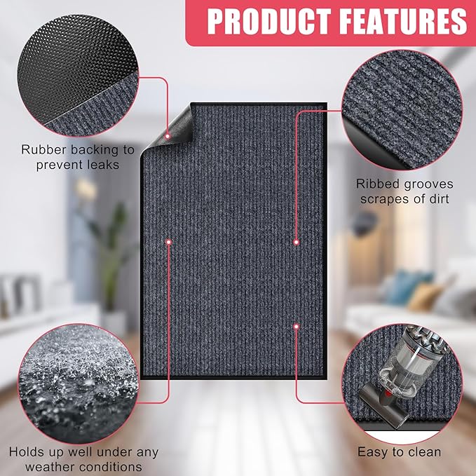 Kuyal Front Door Mat, 3'x4' Indoor Outdoor Entrance Mat, Commercial Floor Mats Inside Outside Entrance, Heavy Duty Durable Welcome Mats, Rubber Backing Non Slip Outdoor Mats for Entryway,Dark Gray