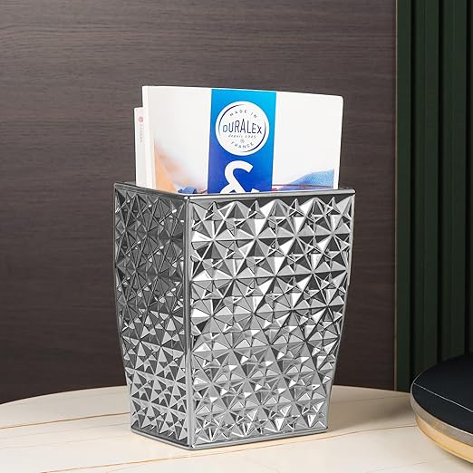 Ceramic Rectangular Small Trash Can - Wastebasket, Garbage Container Bin for Bathroom, Bedroom, Kitchen, Home Office, and Kids Room, Holds Waste, Recycling - Silver