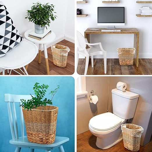 2 Pcs Wicker Trash Can with 50 Small Trash Bag Wicker Waste Woven Basket with Handles Clear Multi Use Garbage Bags for Bathroom Kitchen Bedroom(Various Materials,Classic Style)