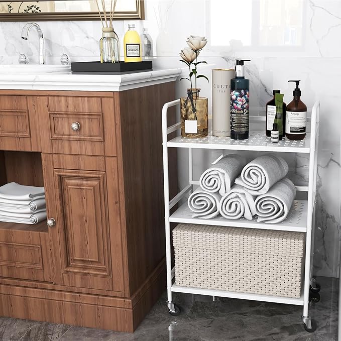 HDANI 3 Tier Rolling Cart,Heavy Duty Multifunctional Metal Frame-Supports 22 Lbs Per Tier,Rolling Cart with 2 Lockable Wheels for Office,Home,Bedroom,Kitchen,Bathroom (White)…