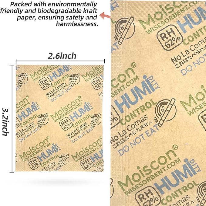 45 Pack 62% RH 8 Gram Two-Way Humidity Control Packs for Storing 1 oz, Size 8 Moisture Control Packets Individually Wrapped