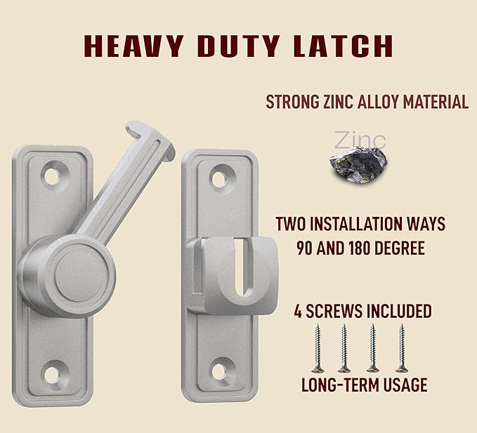Barn Door Privacy Latch, 90°/180° Swing Slide Lock, Zinc-Alloy, Adhesive or Screw Mount, Interior Use for Bathroom/Bedroom/Closet/Shed, Includes Screws & Glue - Silver