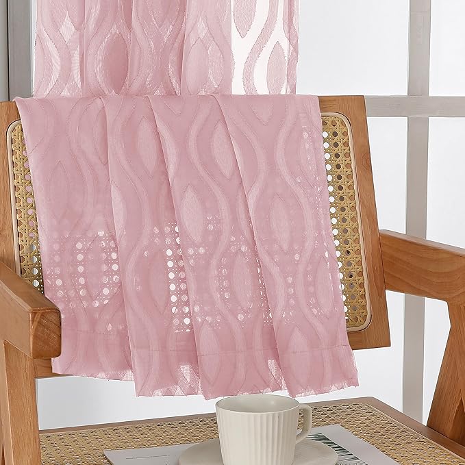 Aiyufeng Pink Curtains Kitchen 14 Inch Length, Clip Jacquard Chic Wavy Line Blush Valances for Windows, Lightweight Airy Rod Pocket Short Curtains for Bathroom Basement, 2 PCS, 40" Wx14 L Inches