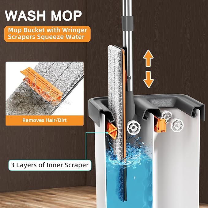 MOPALL Mop and Bucket with Wringer Set for Home, Hands-Free Flat Mop and Bucket Set for Floor Cleaning and Window Wall Cleaner, Wet and Dry Mop with 61" Long Handle and 3 Microfiber Pads