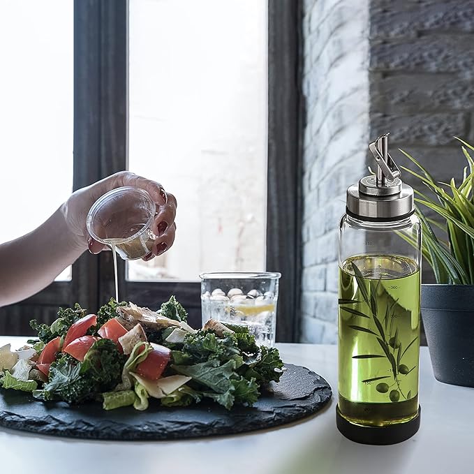 Suli Glass Olive Oil Dispenser Bottle -2 Pack17oz Oil and Vinegar Cruet Set with Steel Spouts and Labels for Kitchen Cooking, Salad Dressing, and BBQ (Silver)