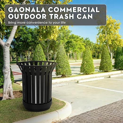 17Gallon Round Large Outdoor Trash Can, Heavy Duty Metal Slatted Garbage Can Outdoor, All Weather Resistant Commercial Garbage Cans, Waste Receptacle in Park, School, Beach, Patio (Black, Large)