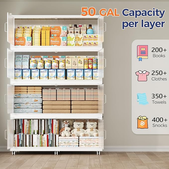 200GAL Extra Large Storage Bins with Lid, 800QT Collapsible Organizer with Wheels, Stackable Closet Cabinet with Doors, Folding Storage Containers for Home, Office, Dorm, 4Pack White