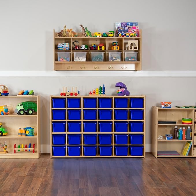 Wood Designs Cubby Storage Bin, Heavy Duty Plastic Containers for Kids Blue Cubby Tray Set of 10