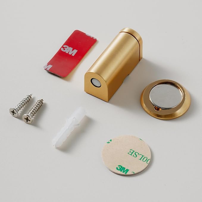Windproof Magnetic Door Stoppers, 0-0.78" Stroke Mechanical Doorstop, No-Hole Flooring Door Suction with 3M Strong Adhesive and Screws, Gold, 1 Pack